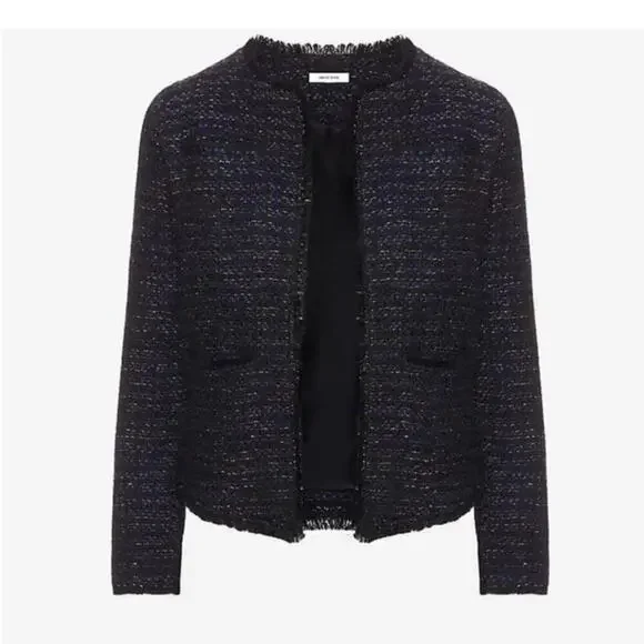 Anine Bing Tweed Navy Blue Gold Fringed Raw Hemline Jacket Blazer Size Small